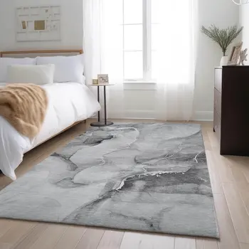 8' X 10' Gray And Ivory Abstract Washable Area Rug With UV Protection