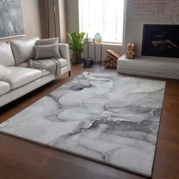 8' X 10' Gray And Ivory Abstract Washable Area Rug With UV Protection