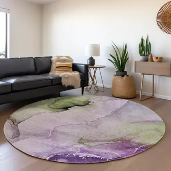 8' Purple Ivory And Green Abstract Washable Round Rug With UV Protection