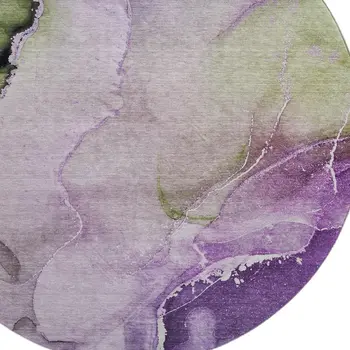 8' Purple Ivory And Green Abstract Washable Round Rug With UV Protection
