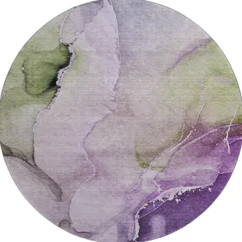 8' Purple Ivory And Green Abstract Washable Round Rug With UV Protection