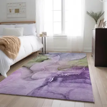 10' X 14' Purple Ivory And Green Abstract Washable Area Rug With UV Protection
