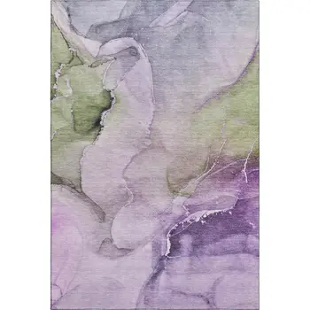 10' X 14' Purple Ivory And Green Abstract Washable Area Rug With UV Protection