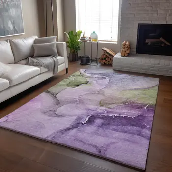 10' X 14' Purple Ivory And Green Abstract Washable Area Rug With UV Protection
