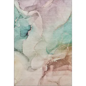 5' X 8' Teal Ivory And Brown Abstract Washable Area Rug With UV Protection