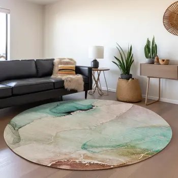 8' Teal Ivory And Brown Abstract Washable Round Rug With UV Protection