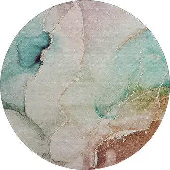 8' Teal Ivory And Brown Abstract Washable Round Rug With UV Protection