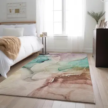 10' X 14' Teal Ivory And Brown Abstract Washable Area Rug With UV Protection