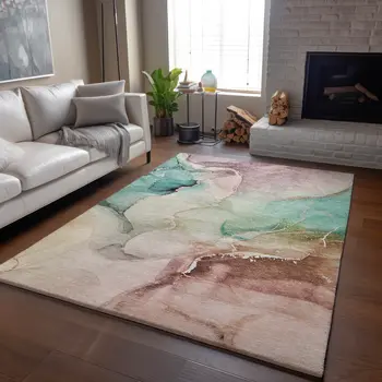 10' X 14' Teal Ivory And Brown Abstract Washable Area Rug With UV Protection