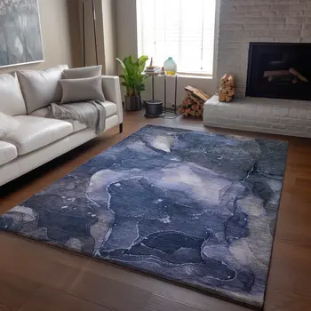 5' X 8' Blue Ivory And Charcoal Abstract Washable Area Rug With UV Protection
