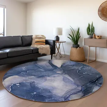 8' Blue Ivory And Charcoal Abstract Washable Round Rug With UV Protection