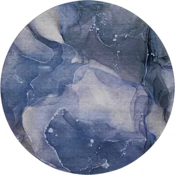 8' Blue Ivory And Charcoal Abstract Washable Round Rug With UV Protection