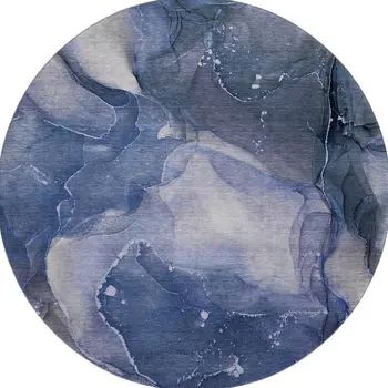 8' Blue Ivory And Charcoal Abstract Washable Round Rug With UV Protection