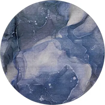8' Blue Ivory And Charcoal Abstract Washable Round Rug With UV Protection