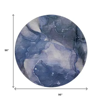 8' Blue Ivory And Charcoal Abstract Washable Round Rug With UV Protection