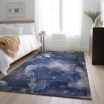 9' X 12' Blue Ivory And Charcoal Abstract Washable Area Rug With UV Protection