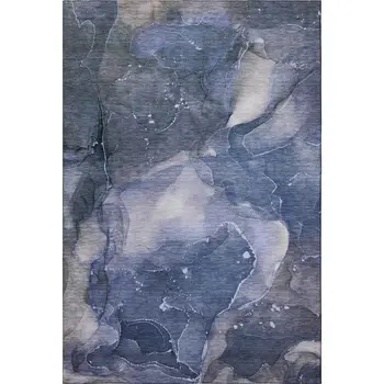 9' X 12' Blue Ivory And Charcoal Abstract Washable Area Rug With UV Protection