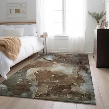 3' X 5' Brown Ivory And Gray Abstract Washable Area Rug With UV Protection