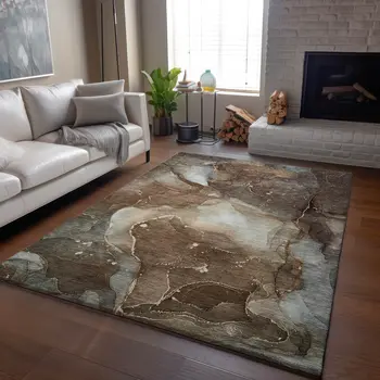 3' X 5' Brown Ivory And Gray Abstract Washable Area Rug With UV Protection