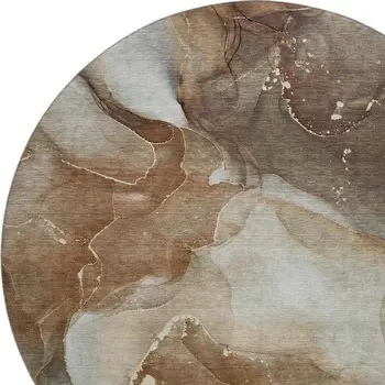 8' Brown Ivory And Gray Abstract Washable Round Rug With UV Protection