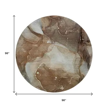 8' Brown Ivory And Gray Abstract Washable Round Rug With UV Protection
