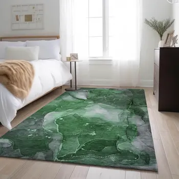 3' X 5' Emerald Ivory And Gray Abstract Washable Area Rug With UV Protection