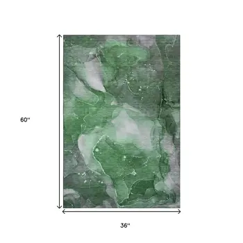 3' X 5' Emerald Ivory And Gray Abstract Washable Area Rug With UV Protection