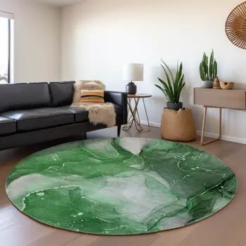 8' Emerald Ivory And Gray Abstract Washable Round Rug With UV Protection