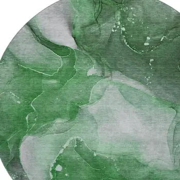 8' Emerald Ivory And Gray Abstract Washable Round Rug With UV Protection