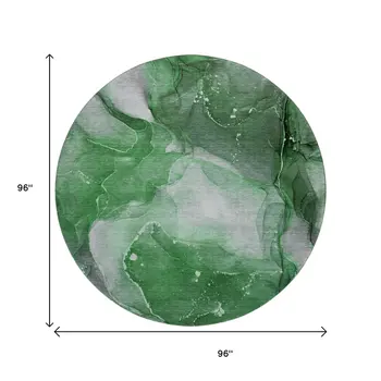 8' Emerald Ivory And Gray Abstract Washable Round Rug With UV Protection