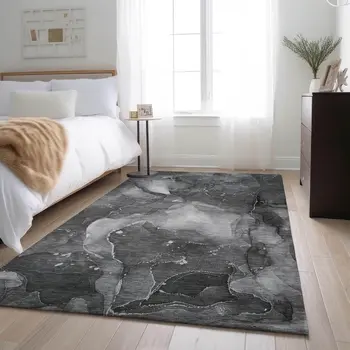 10' X 14' Gray And Ivory Abstract Washable Area Rug With UV Protection