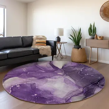 8' Purple Ivory And Gray Abstract Washable Round Rug With UV Protection
