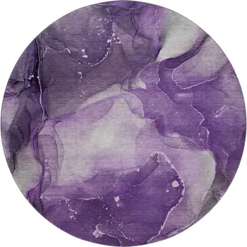 8' Purple Ivory And Gray Abstract Washable Round Rug With UV Protection