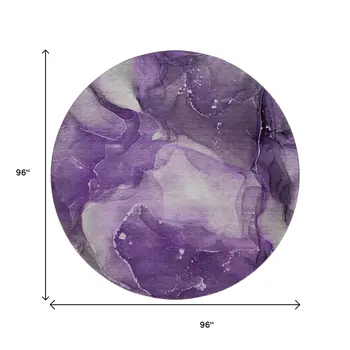 8' Purple Ivory And Gray Abstract Washable Round Rug With UV Protection