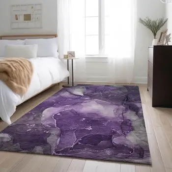 8' X 10' Purple Ivory And Gray Abstract Washable Area Rug With UV Protection