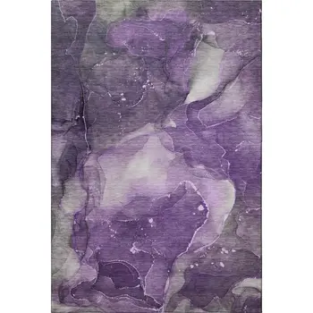 8' X 10' Purple Ivory And Gray Abstract Washable Area Rug With UV Protection