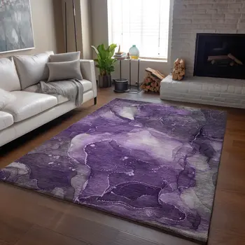 9' X 12' Purple Ivory And Gray Abstract Washable Area Rug With UV Protection