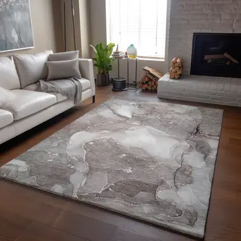 5' X 8' Taupe Ivory And Gray Abstract Washable Area Rug With UV Protection