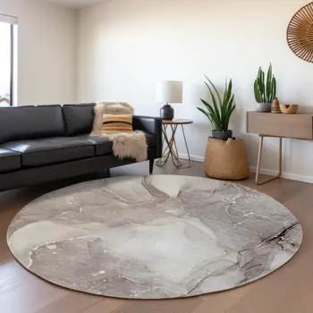 8' Taupe Ivory And Gray Abstract Washable Round Rug With UV Protection