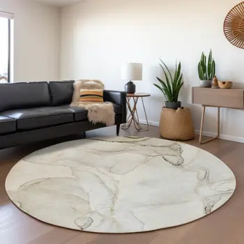 8' Beige And Ivory Abstract Washable Round Rug With UV Protection