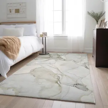 8' X 10' Beige And Ivory Abstract Washable Area Rug With UV Protection