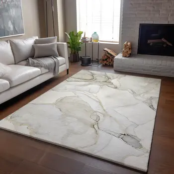8' X 10' Beige And Ivory Abstract Washable Area Rug With UV Protection