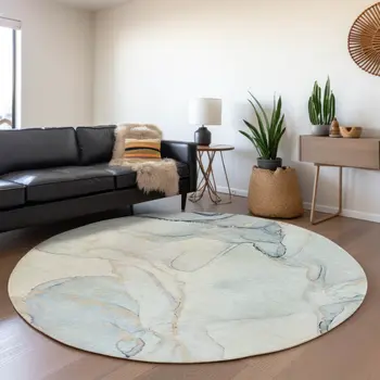 8' Sky Blue And Ivory Abstract Washable Round Rug With UV Protection