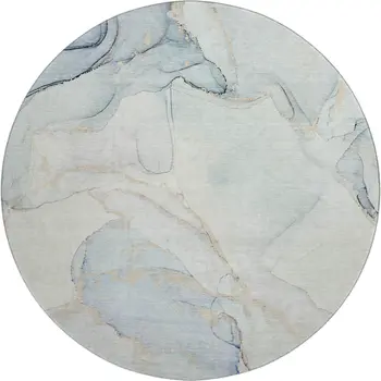 8' Sky Blue And Ivory Abstract Washable Round Rug With UV Protection