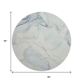 8' Sky Blue And Ivory Abstract Washable Round Rug With UV Protection