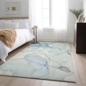 10' X 14' Sky Blue And Ivory Abstract Washable Area Rug With UV Protection