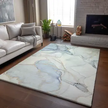10' X 14' Sky Blue And Ivory Abstract Washable Area Rug With UV Protection