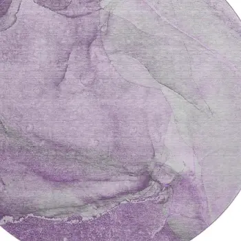 8' Lilac And Ivory Abstract Washable Round Rug With UV Protection