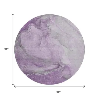 8' Lilac And Ivory Abstract Washable Round Rug With UV Protection