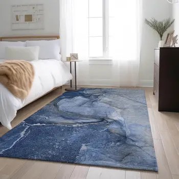 5' X 8' Navy Blue And Ivory Abstract Washable Area Rug With UV Protection
